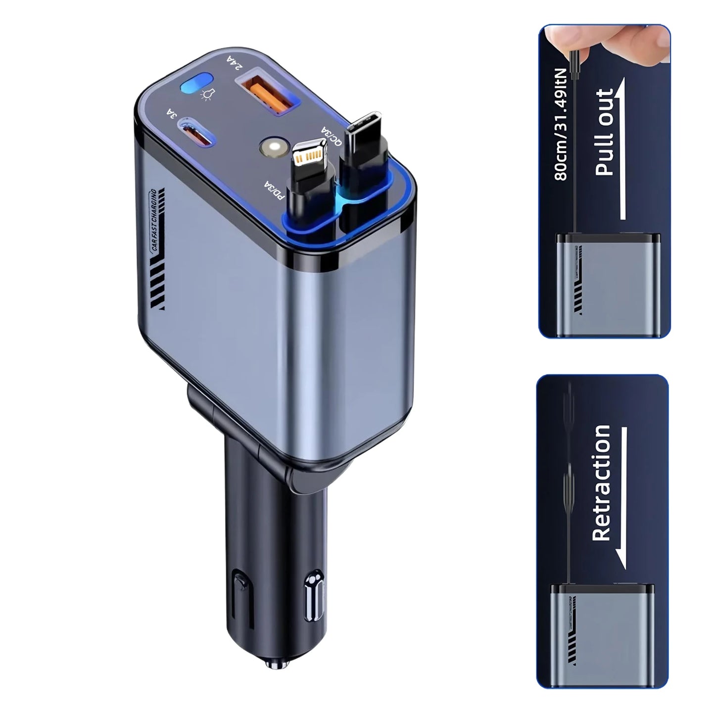 240W Car Charger With cable 4 Ports Fast Charge PD QC3.0 USB C Car Phone Charger Type C Adapter in Car For iphone Huawei Xiaomi