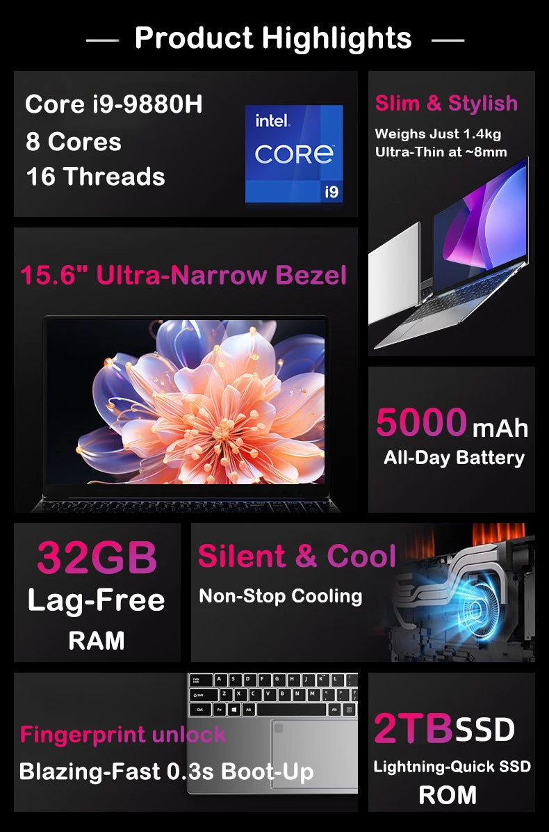 New 15.6" Laptop Intel Core i9-9880H 32GB 2TB Gaming PC Ultra Slim Office Study Computer PC Windows 11 Pro 1920*1080 HD