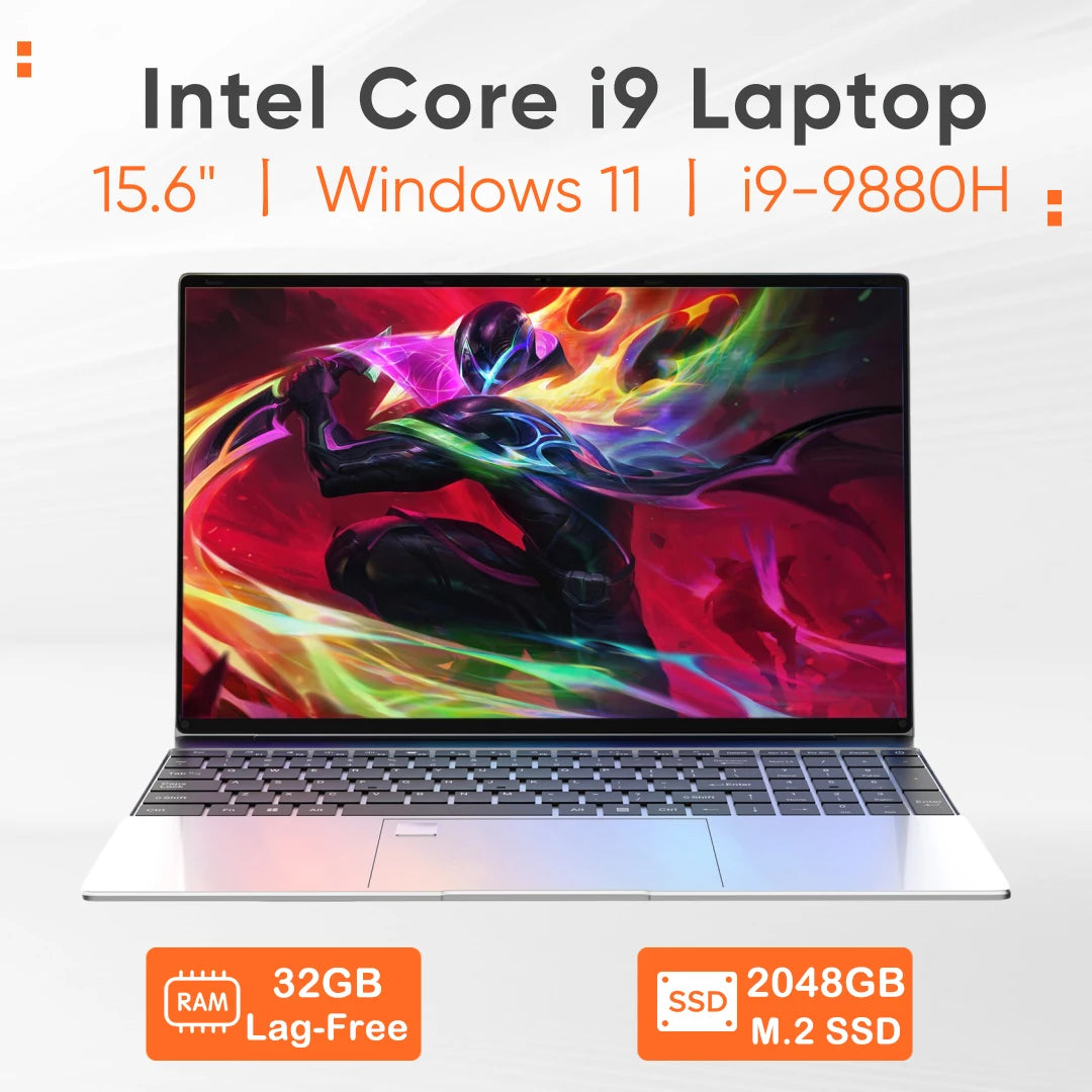 New 15.6" Laptop Intel Core i9-9880H 32GB 2TB Gaming PC Ultra Slim Office Study Computer PC Windows 11 Pro 1920*1080 HD