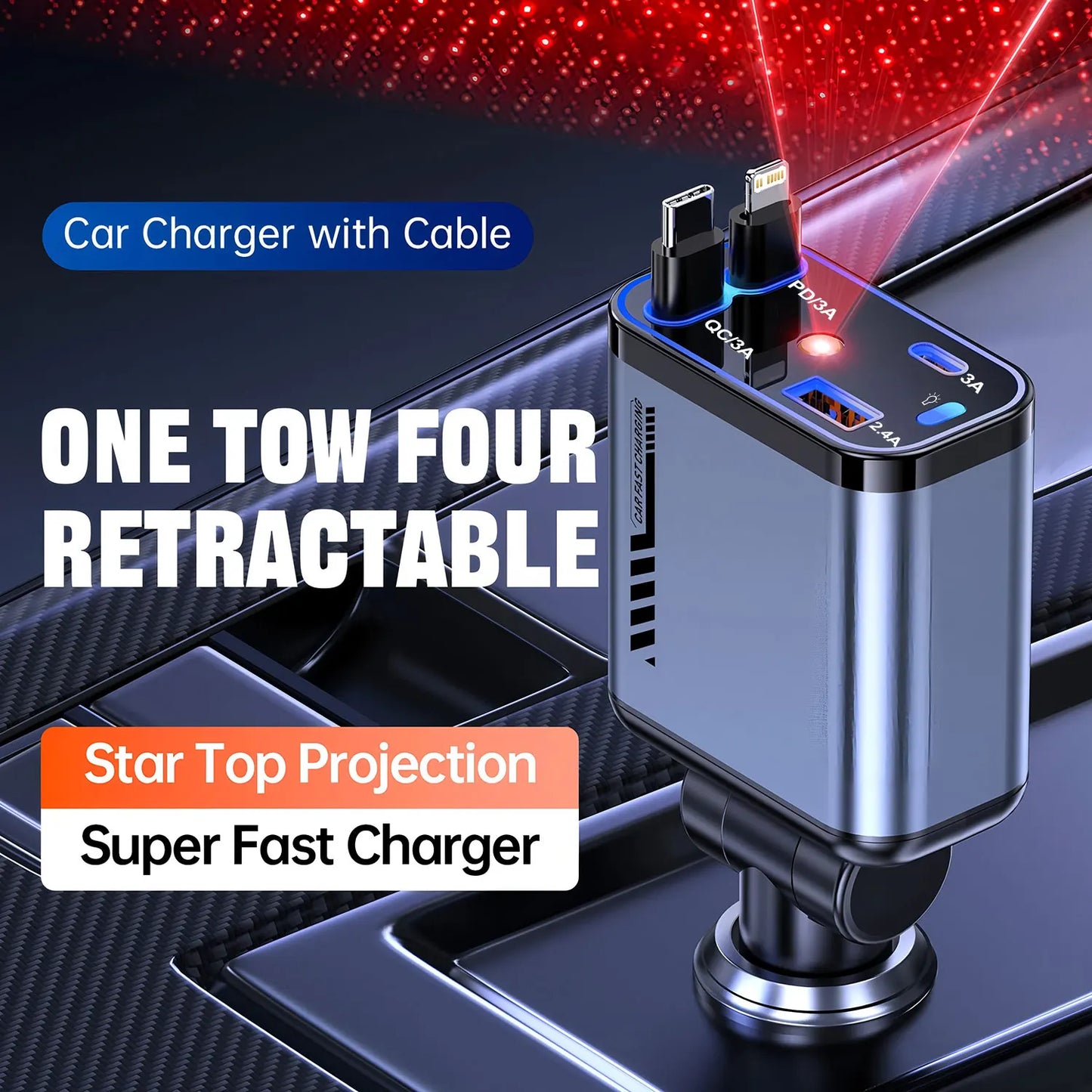 240W Car Charger With cable 4 Ports Fast Charge PD QC3.0 USB C Car Phone Charger Type C Adapter in Car For iphone Huawei Xiaomi
