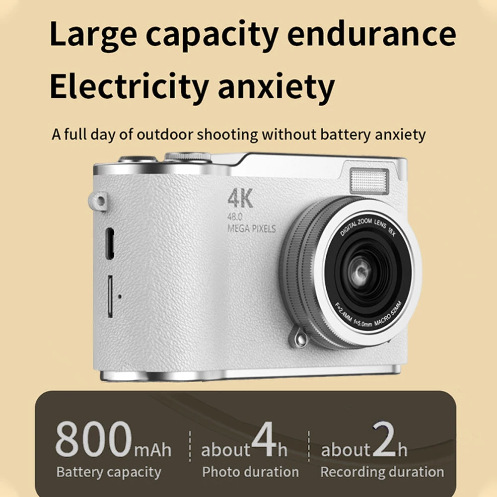 4K Digital Camera 48MP Compact Small Camera 8X Zoom Video Camcorder 180 Flip Screen Video Recorder for Teens Adult Beginner