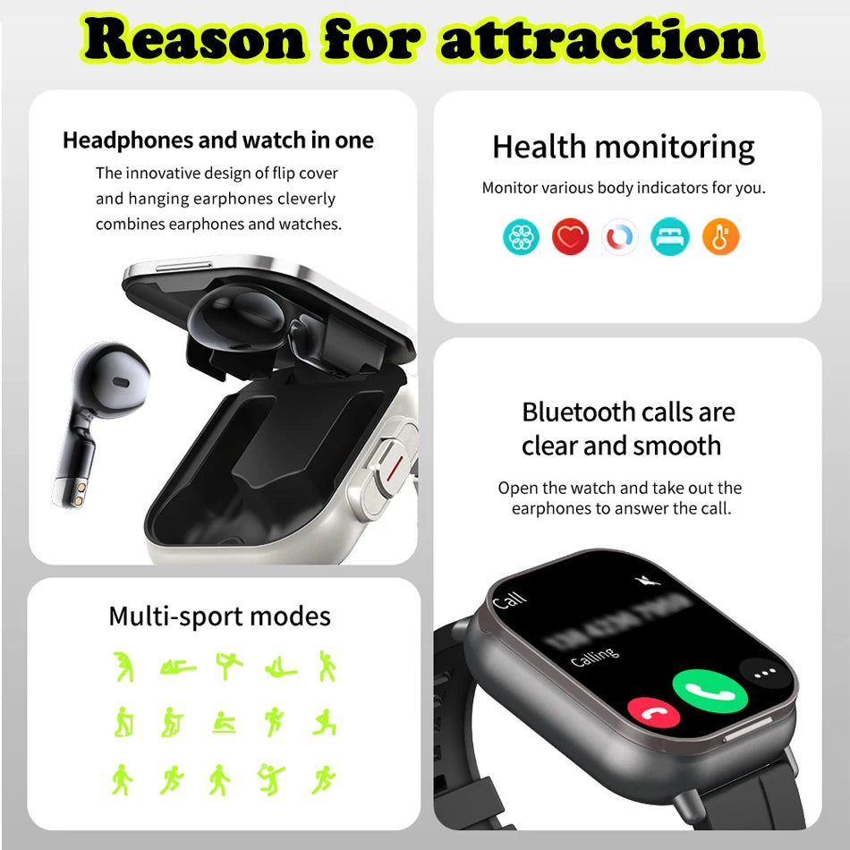 For Man Women New 2 in 1 Smart Watch With Earbuds Smartwatch TWS Bluetooth Earphone Heart Rate Blood Oxygen Monitor Sports Watch