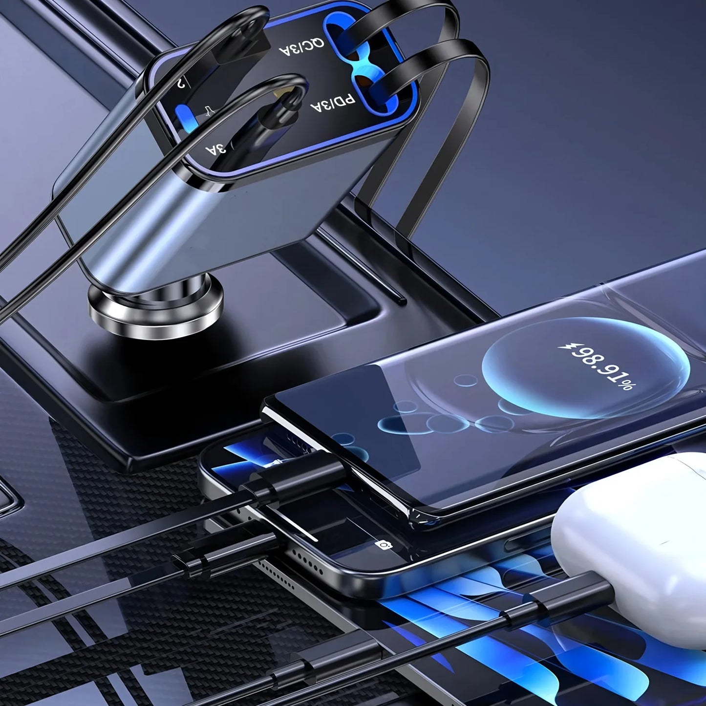 240W Car Charger With cable 4 Ports Fast Charge PD QC3.0 USB C Car Phone Charger Type C Adapter in Car For iphone Huawei Xiaomi