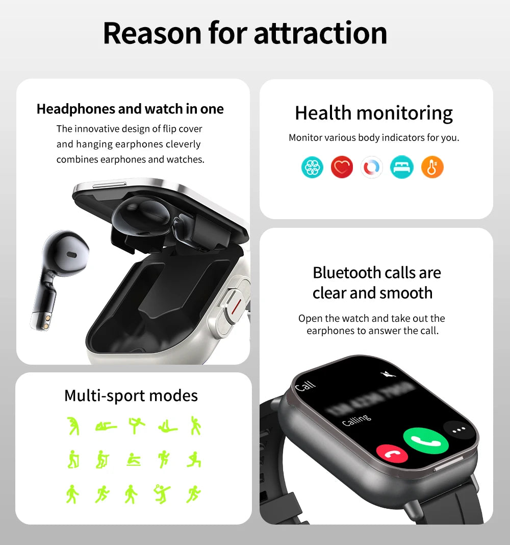 For Man Women New 2 in 1 Smart Watch With Earbuds Smartwatch TWS Bluetooth Earphone Heart Rate Blood Oxygen Monitor Sports Watch