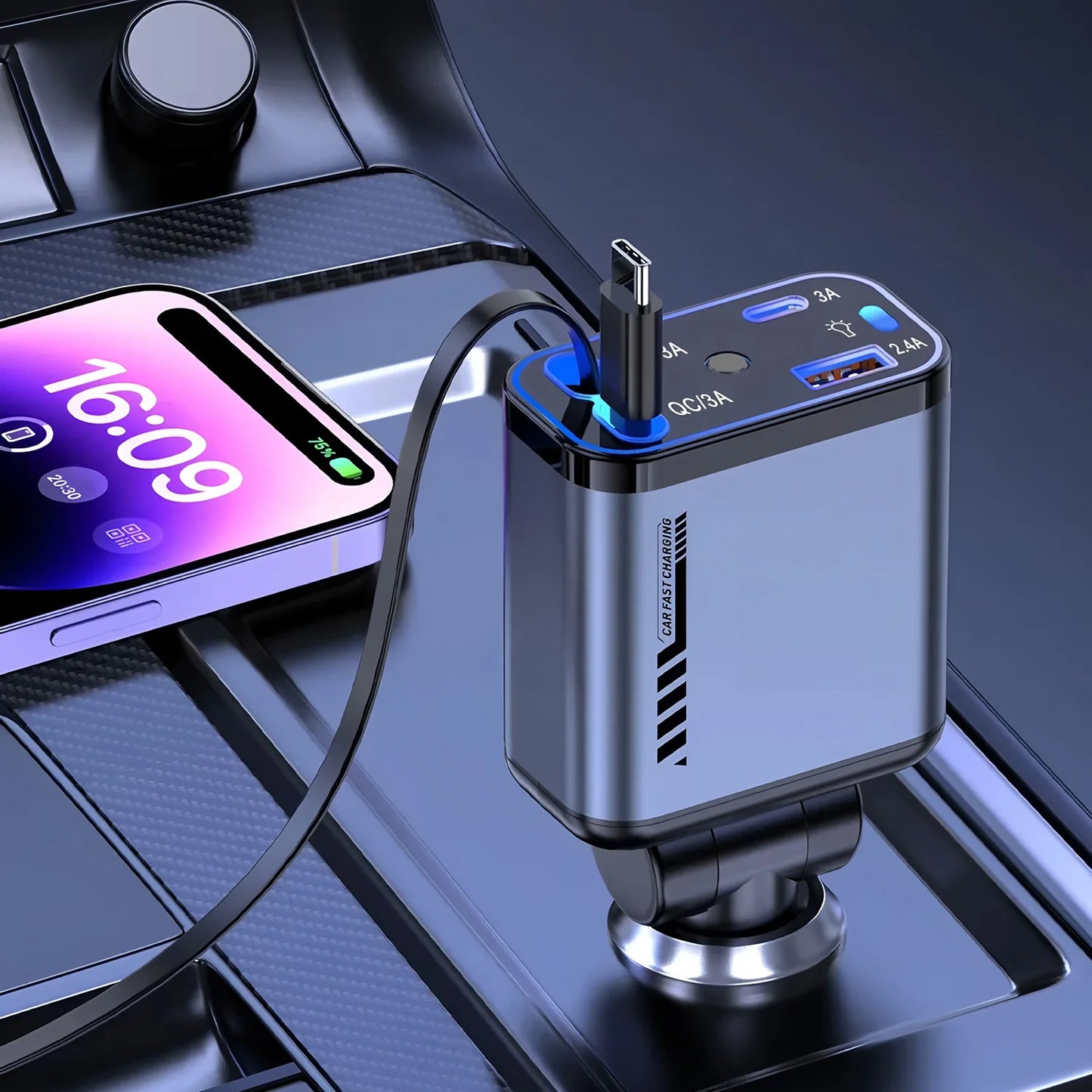 240W Car Charger With cable 4 Ports Fast Charge PD QC3.0 USB C Car Phone Charger Type C Adapter in Car For iphone Huawei Xiaomi
